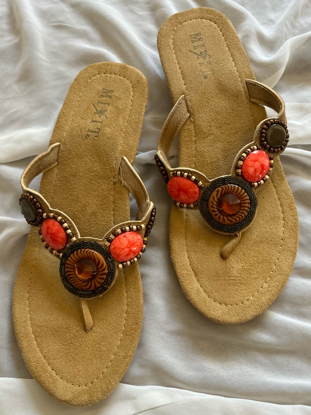 Mixit Y2K Western Boho Coral Jewel Suede Wedge Flip Flop Slip On Sandals. Size 8